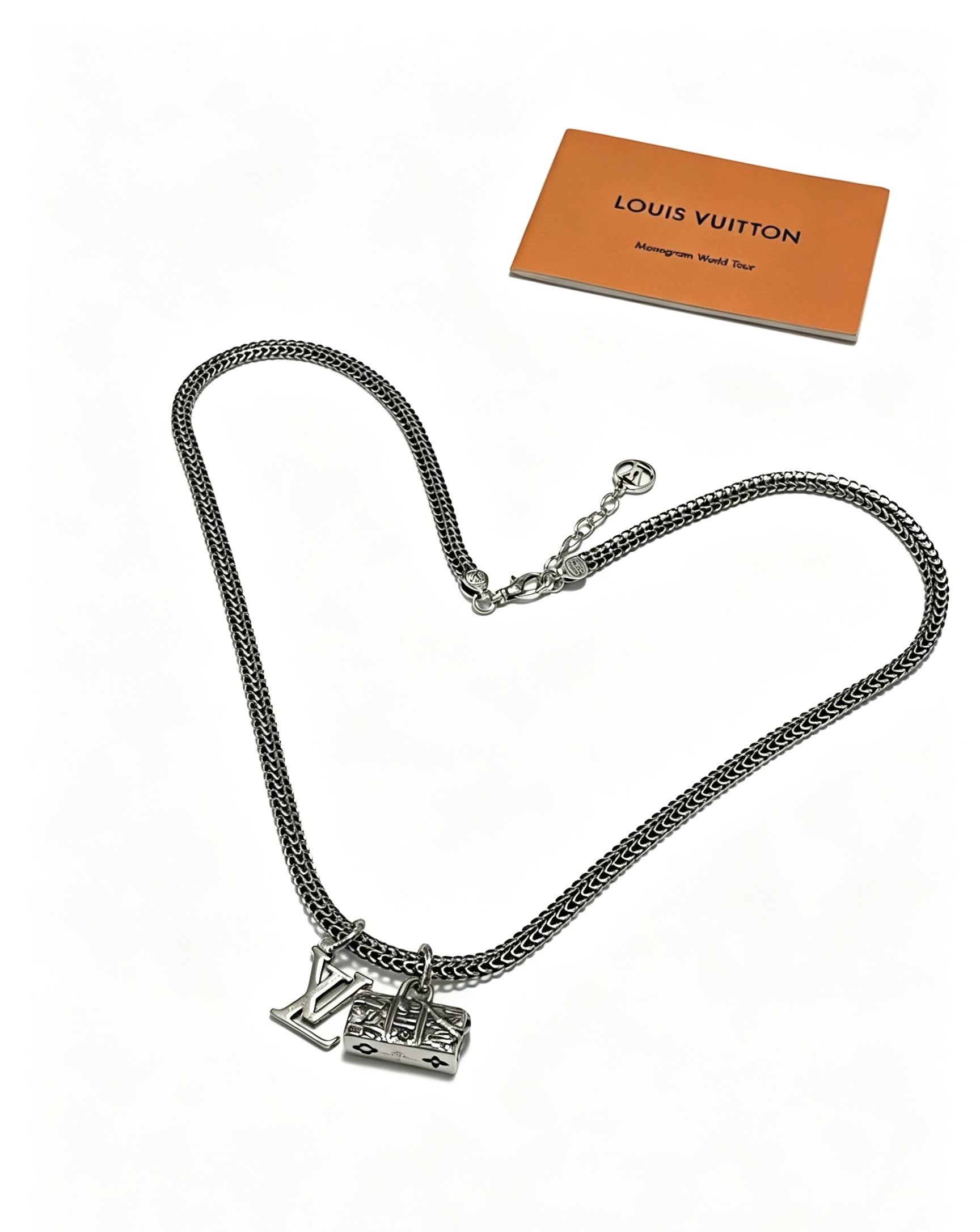 Louis Vuitton Silver Tone Chain Necklace with LV and Monogram Bag Charms